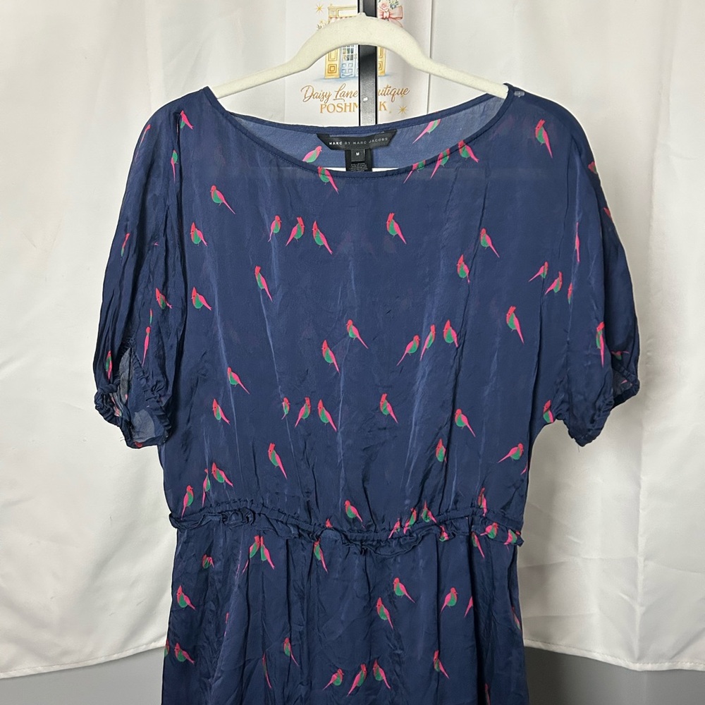 Marc by Marc Jacobs Navy Midi Dress with Pink & Green Bird Print